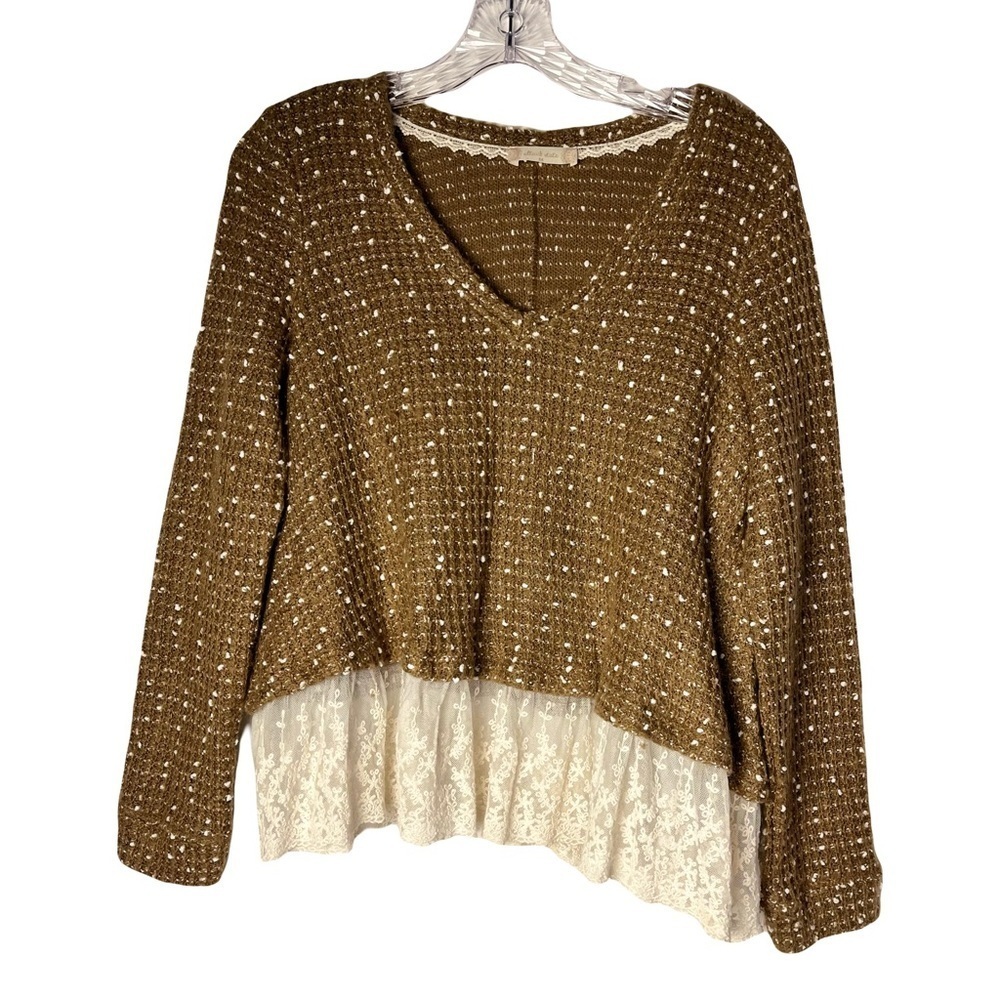 Altar’d State | Tan Lace Trim Rustic Weave V-Neck Seeater, Medium